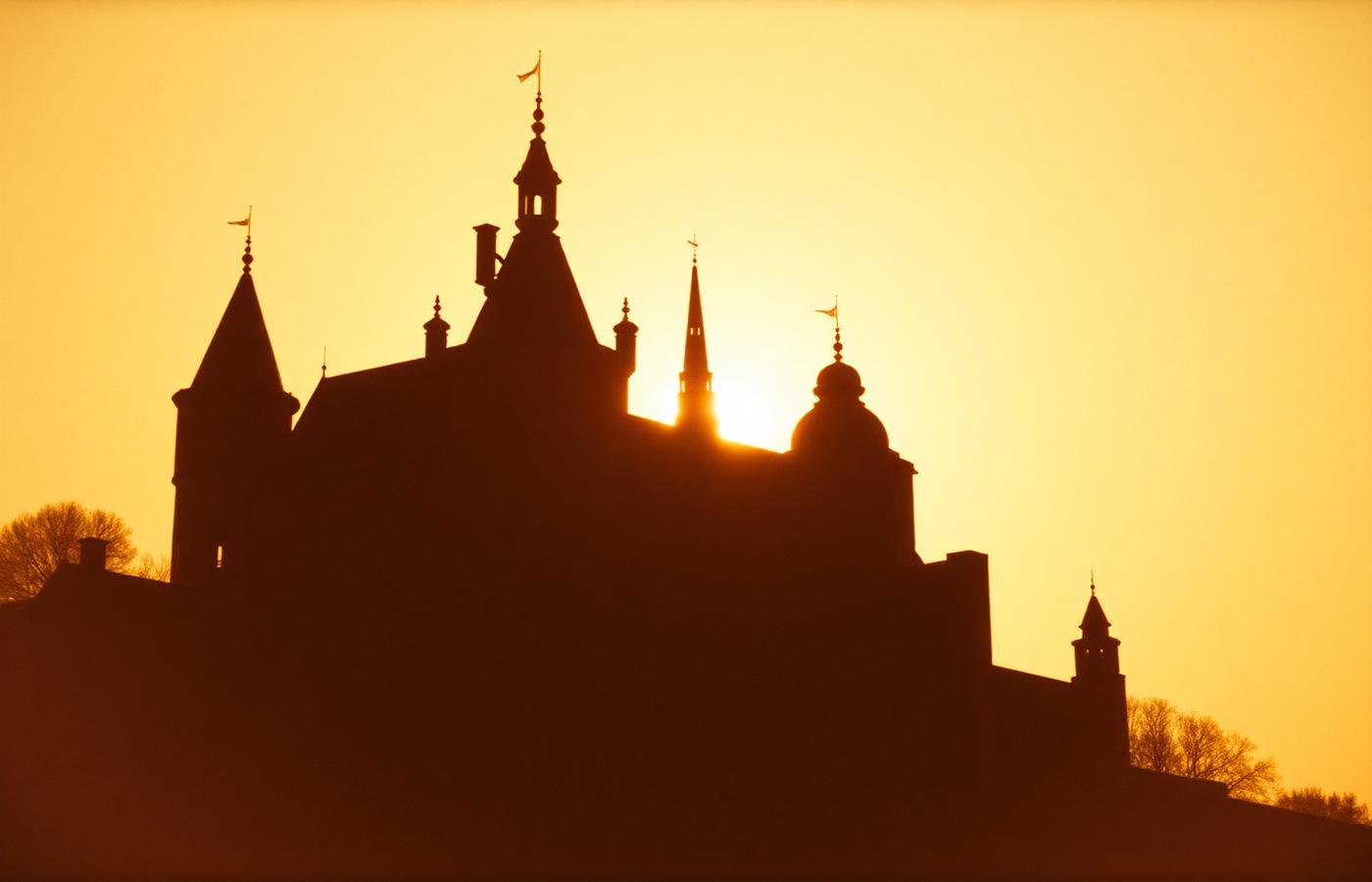 Disney-inspired castle silhouette at golden hour