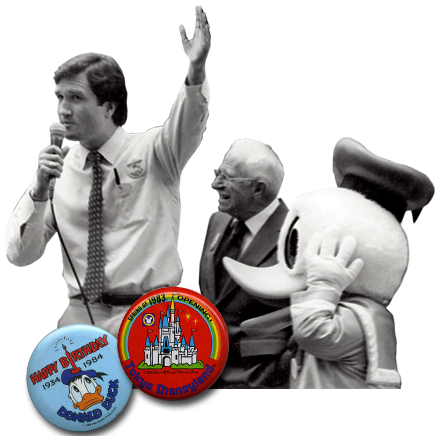 Vintage Doug Lipp speaking, with Disney legend Frank Wells and a Mickey mascot